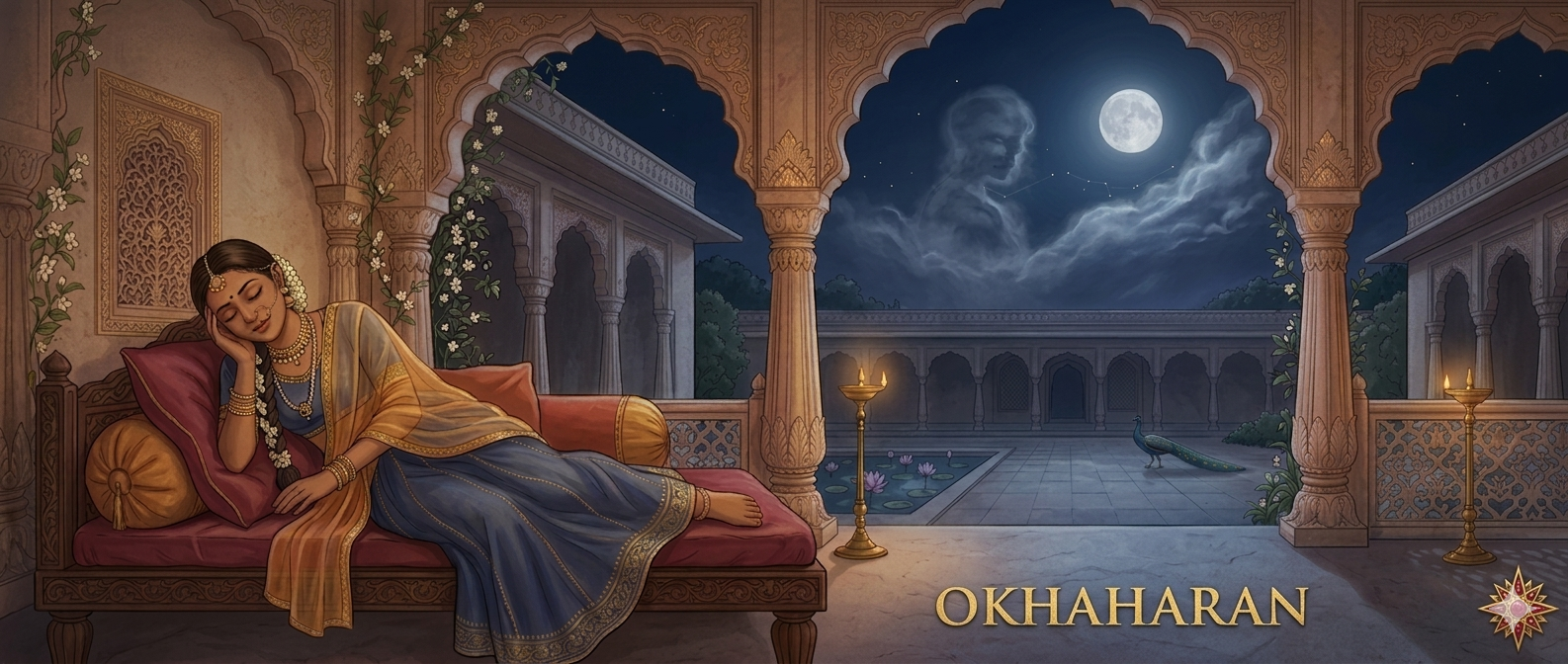 Okhaharan — illustration of Okha asleep in a moonlit palace courtyard, dreaming of her beloved Aniruddha whose face appears in the clouds. From Mahakavi Premanand's classical Gujarati epic.